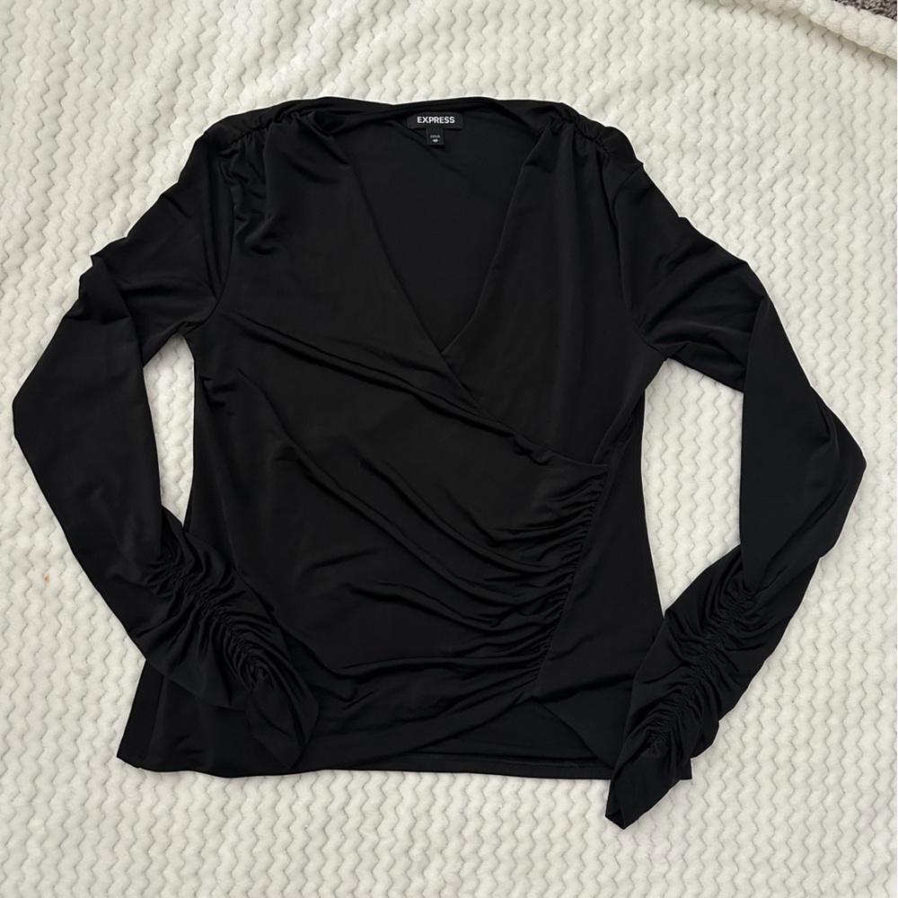 Express Fitted V-Neck Bodycon Black Long Sleeve Top